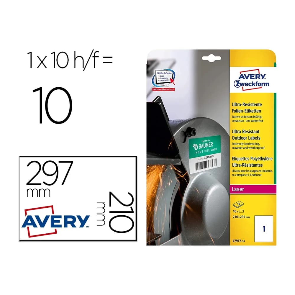 Avery Etiqueta adhesiva avery politileno blanco permanente laser fotocopiadora 210x297 mm blister 10 unidades