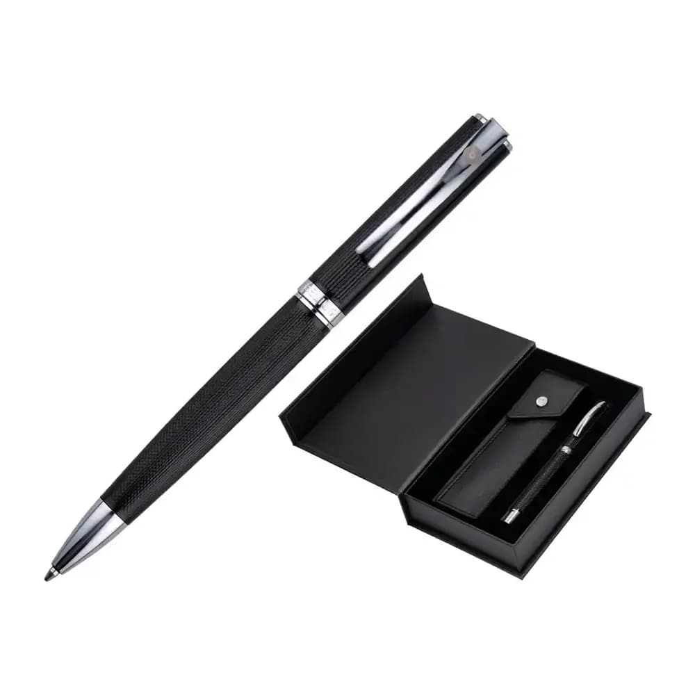Belius Boligrafo y estuche belius turbo aluminio textura punteada negro y plateado tinta azul caja de diseño