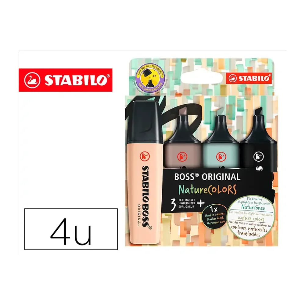 Stabilo Rotulador stabilo boss pastel fluorescente 70 nature colors estuche de 4 unidades colores surtidos