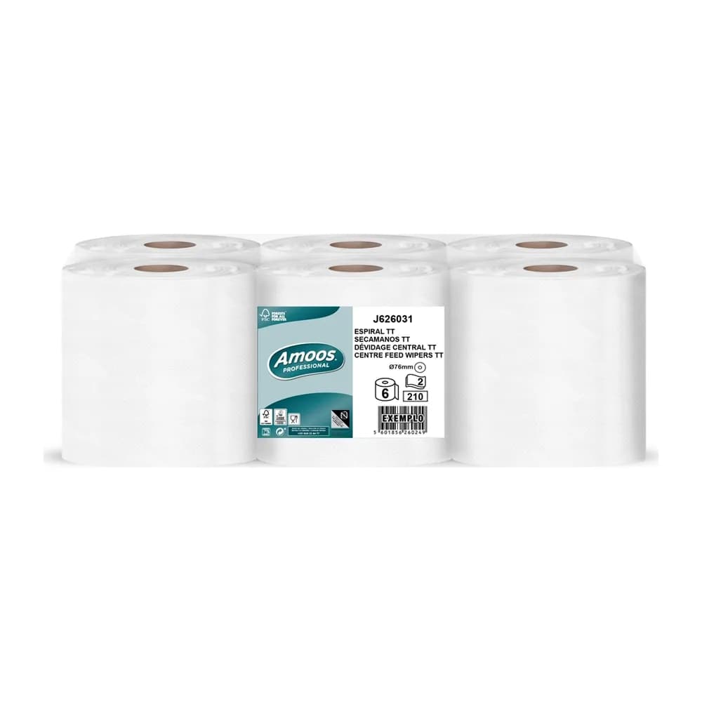Amoos Papel secamanos amoos industrial 2 capas 32g/m2 celulosa blanco 60 mt paquete de 6 bobinas