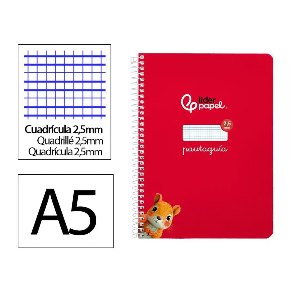 Liderpapel Cuaderno espiral liderpapel a5 pautaguia tapa blanda 40h 75gr cuadro pautado 2,5mm color rojo