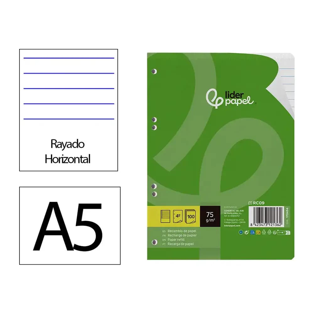 Liderpapel Recambio liderpapel din a5 100 hojas 75 gr horizontal con margen 6 taladros