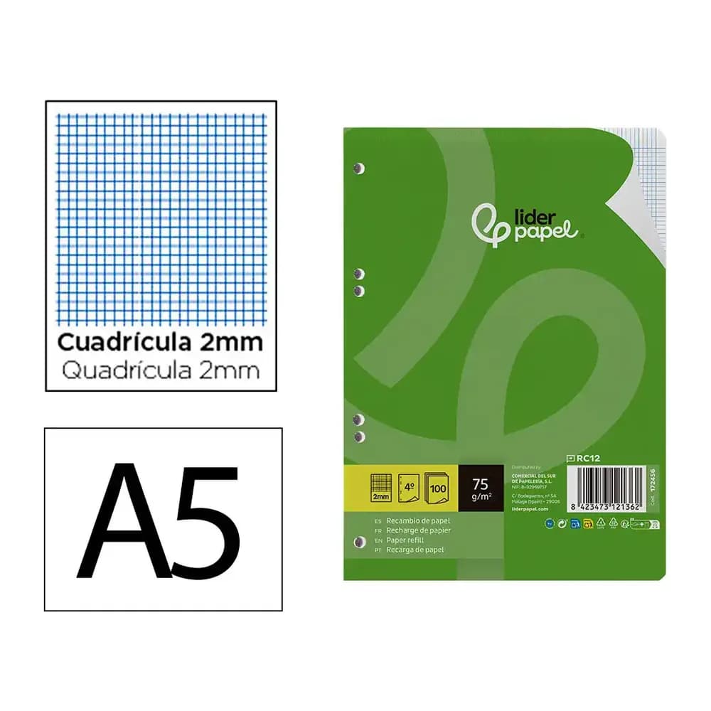 Liderpapel Recambio liderpapel din a5 100 hojas 75 gr milimetrado sin margen 6 taladros