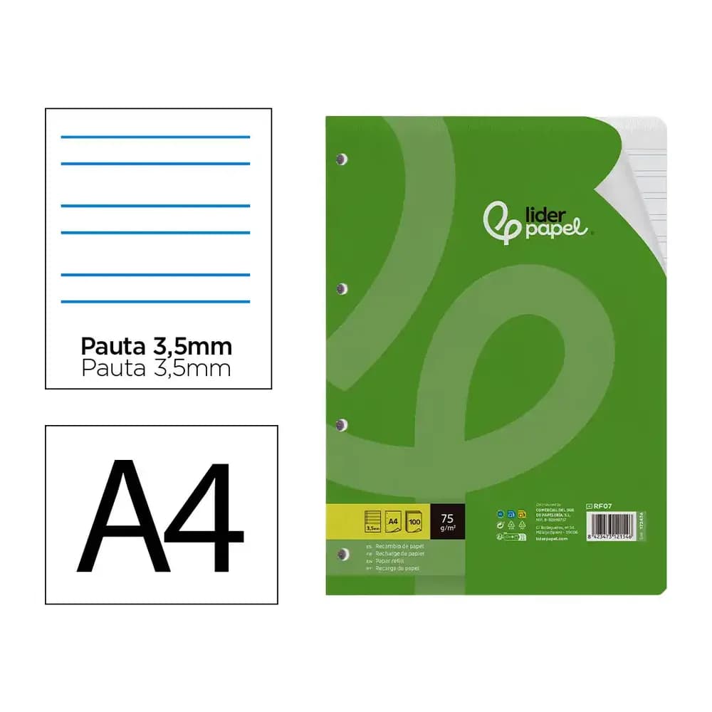 Liderpapel Recambio liderpapel din a4 100 hojas 75 gr pauta 4 3.5mm con margen 4 taladros