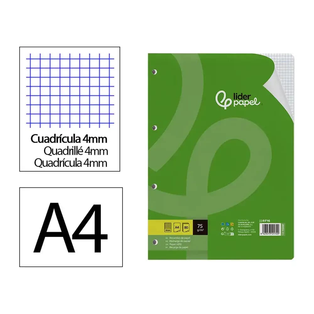Liderpapel Recambio liderpapel a4 80 hojas 75gr cuadro 4 mm con margen 4 taladros