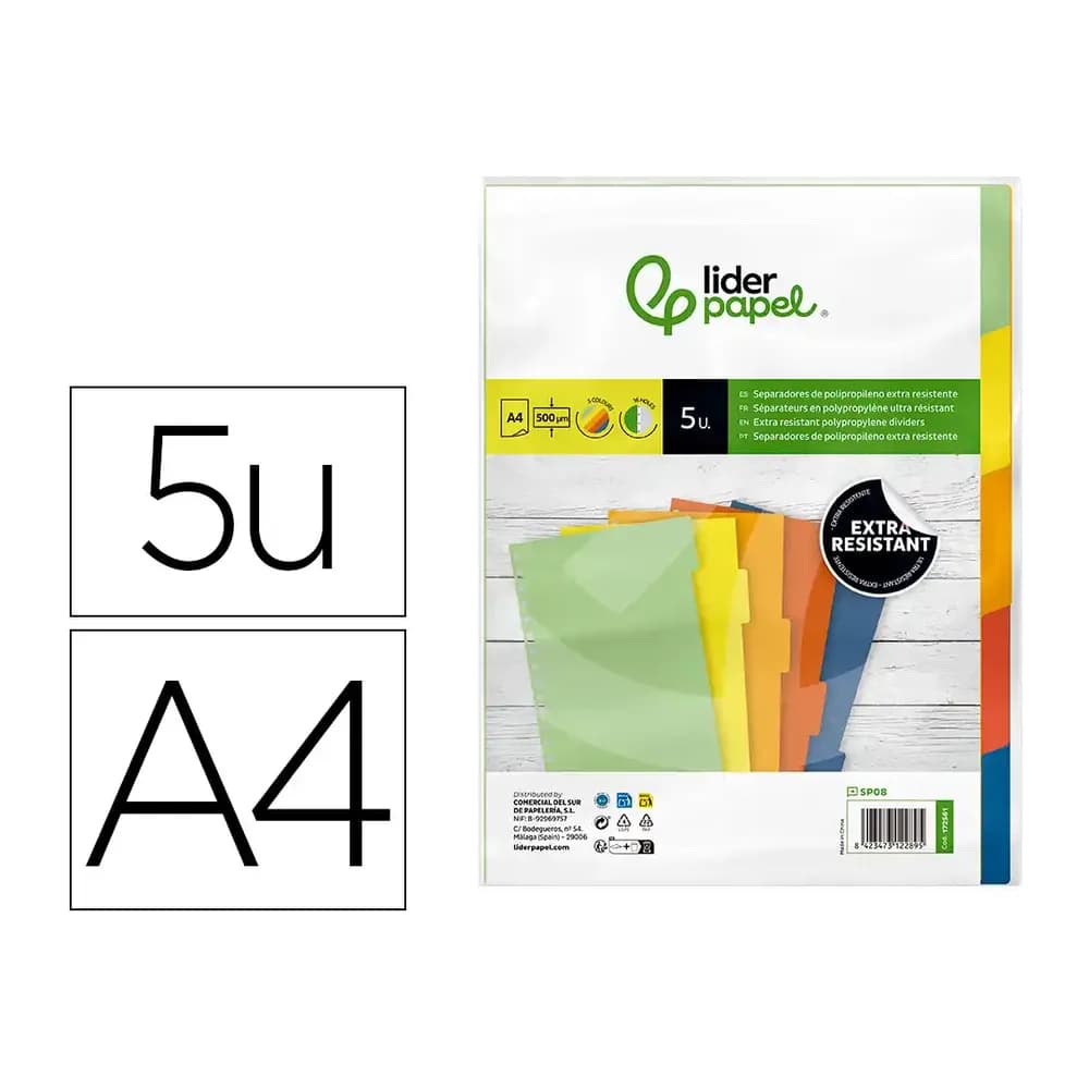 Liderpapel Separador liderpapel polipropileno juego de 5 separadores a4 multitaladro 500 micras