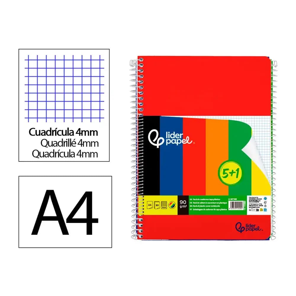 Liderpapel Cuaderno espiral liderpapel a4 wonder tapa plastica 80h 90gr cuadro 4mm con margen pack 5+1 colores surtidos
