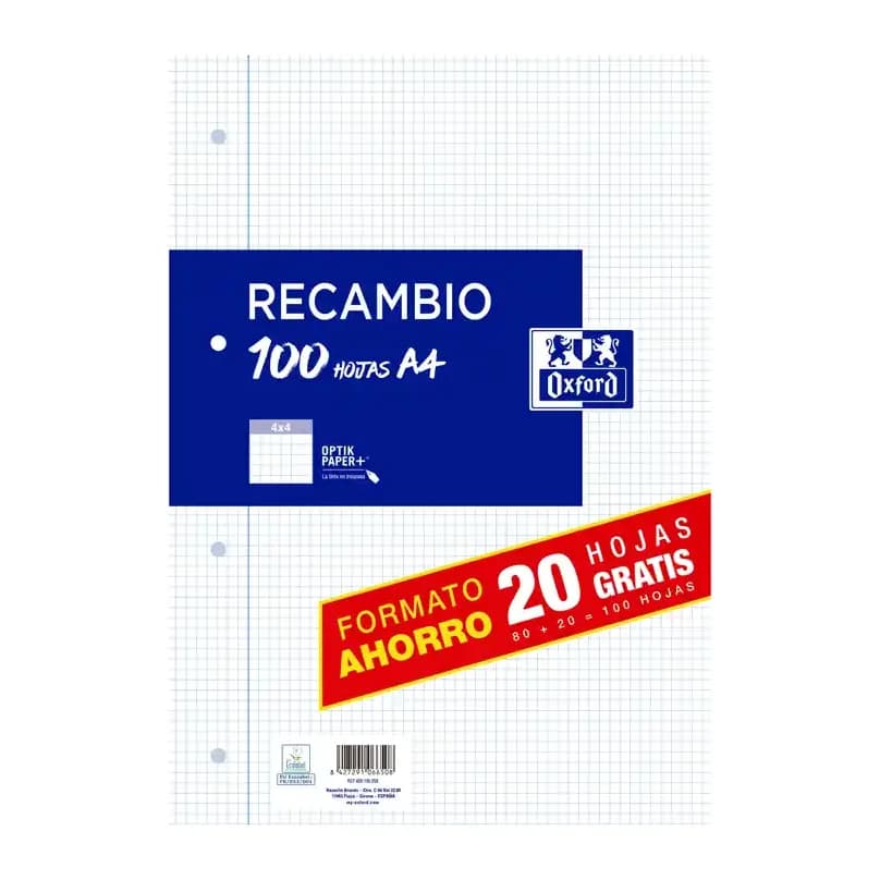 Oxford Recambio oxford din a4 80+20 hojas gratis 90 gr cuadro 4 mm 4 taladros