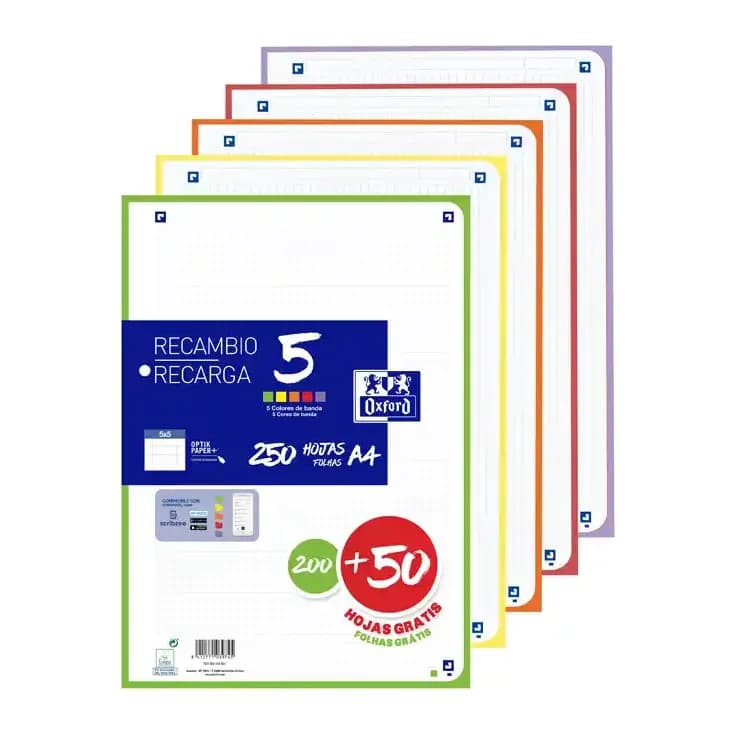 Oxford Recambio oxford din a4 200+50 hojas gratis cuadro 5 mm 4 taladros con banda 5 colores vivos