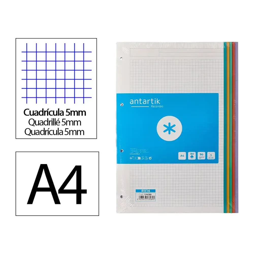 Antartik Recambio antartik a4 80 hojas 90gr cuadro 5 mm 4 taladros bandas de 5 colores pasteles