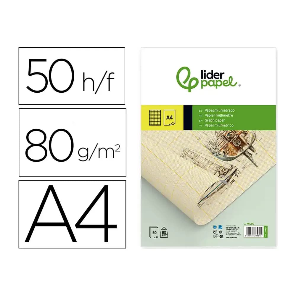 Liderpapel Bloc papel milimetrado liderpapel encolado 210x297 mm 50 hojas 80g/m2