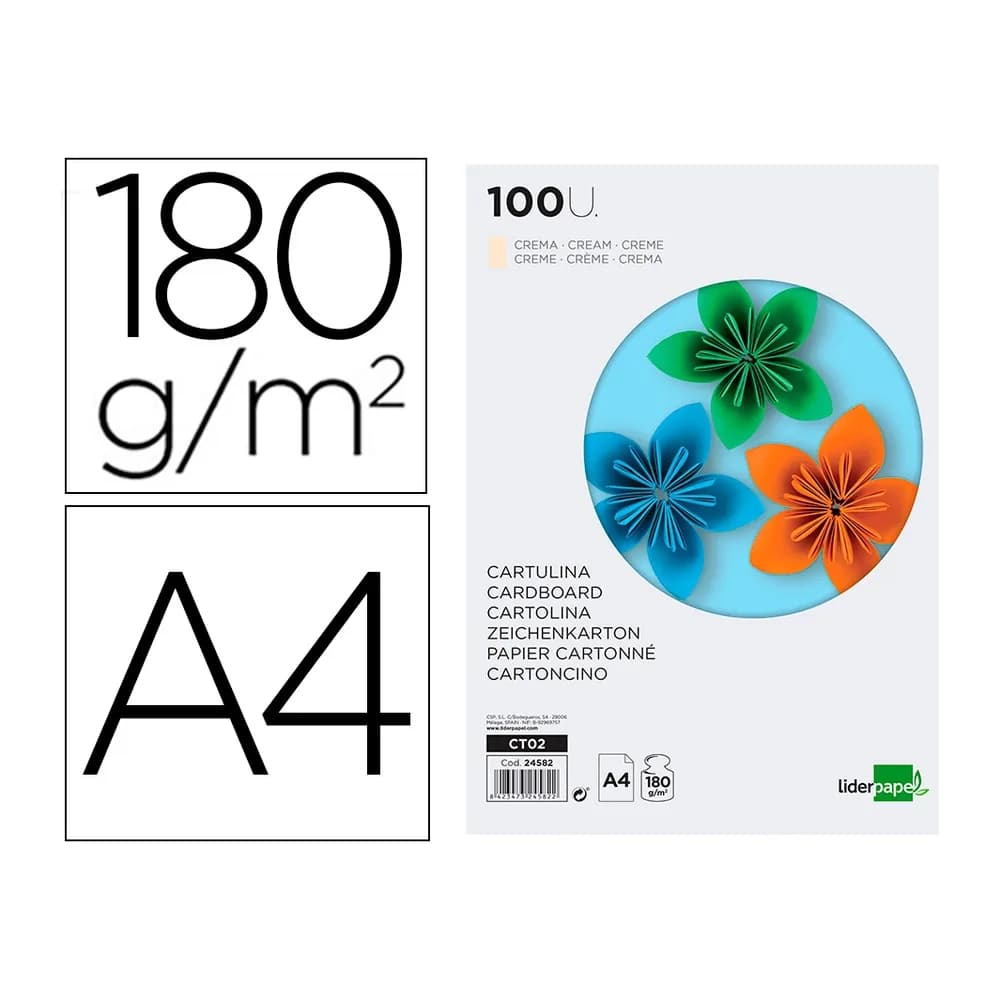 Liderpapel Cartulina liderpapel a4 180g/m2 crema paquete de 100 hojas