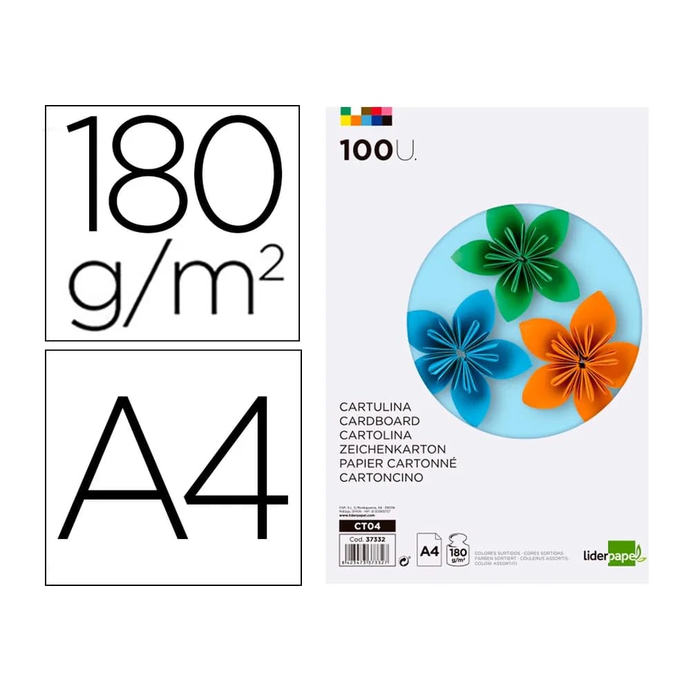 Liderpapel Cartulina liderpapel a4 180g/m2 10 colores surtidos paquete de 100 hojas