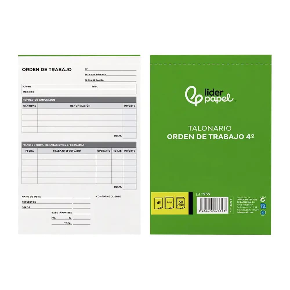 Liderpapel Talonario liderpapel orden de trabajo cuarto original y copia t255