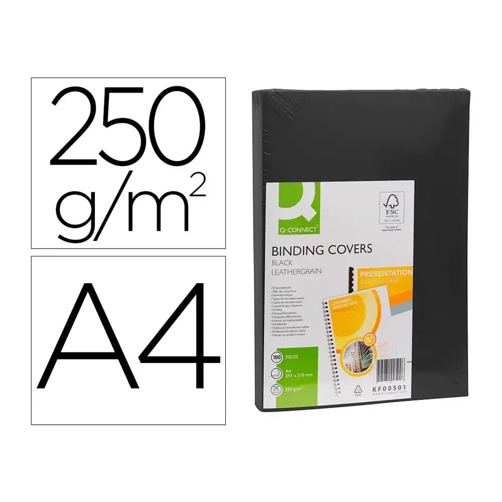 Q-connect Tapa de encuadernacion q-connect carton din a4 negro simil piel 250 gr caja de 100 unidades