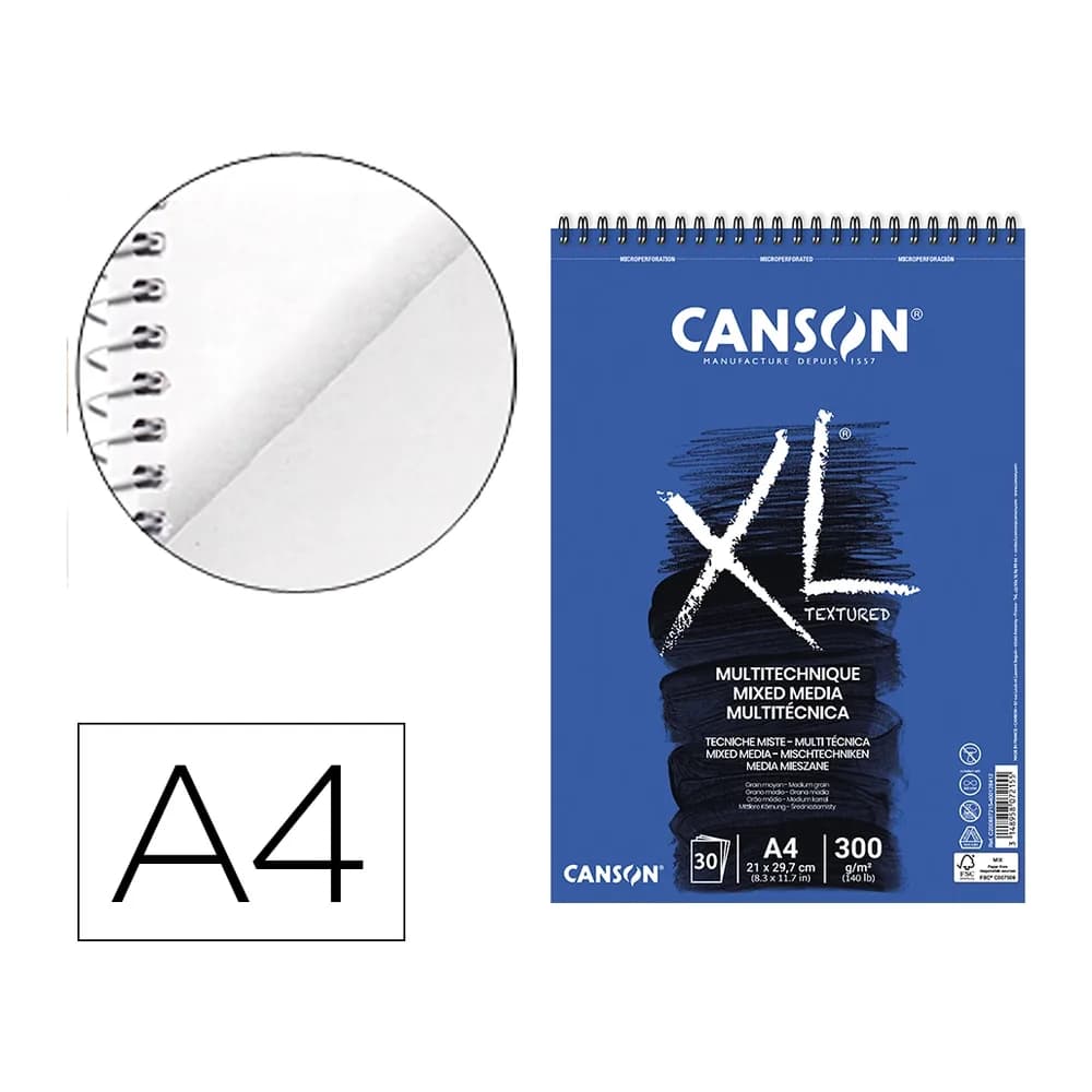 Canson Bloc dibujo acuarela canson xl mix media grano medio din a4 microperforado espiral 21x29,7 cm 30 hojas 300 gr/m2