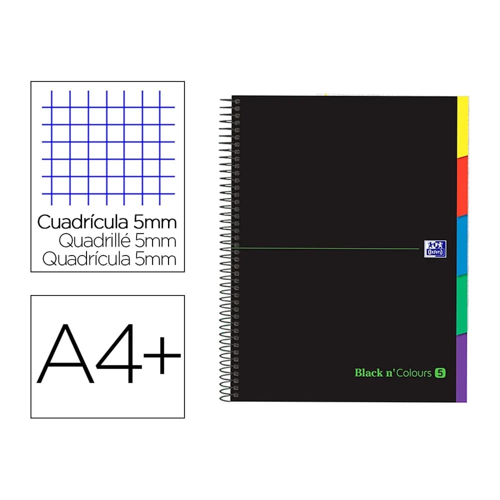 Oxford Cuaderno espiral oxford ebook 5 tapa extradura din a4+ 100 h con separadores cuadricula 5 mm black'n colors verde