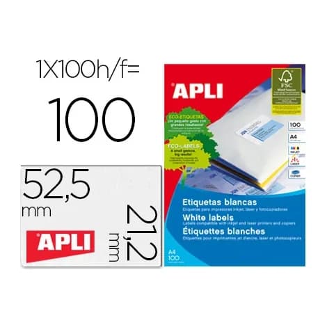 Apli Etiqueta adhesiva apli 1284 tamaño 52,5 x 21,2 mm para fotocopiadora laser ink-jet caja con 100 hojas din a4
