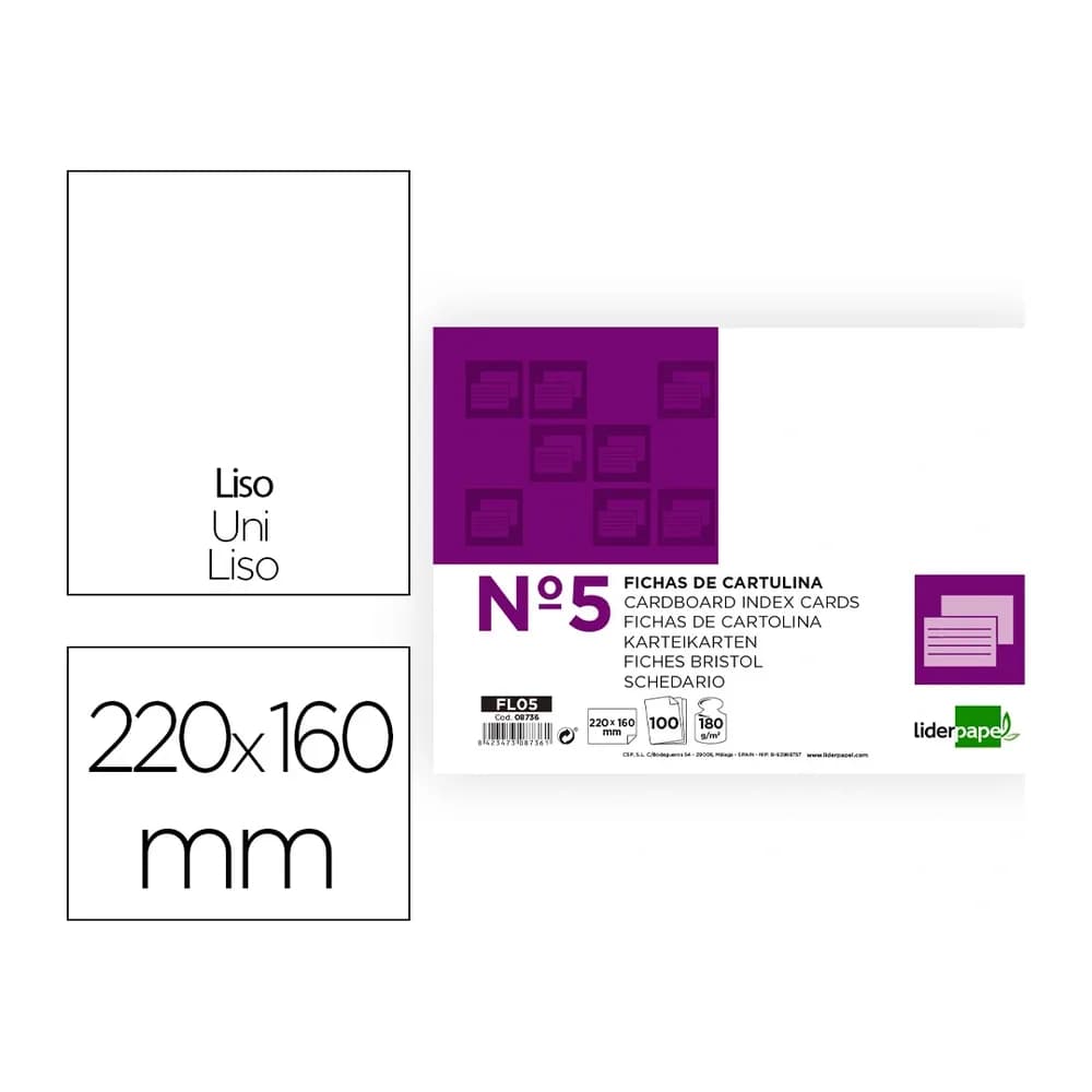 Liderpapel Ficha liderpapel lisa nº5 160x220mm 180gr paquete de 100 unidades