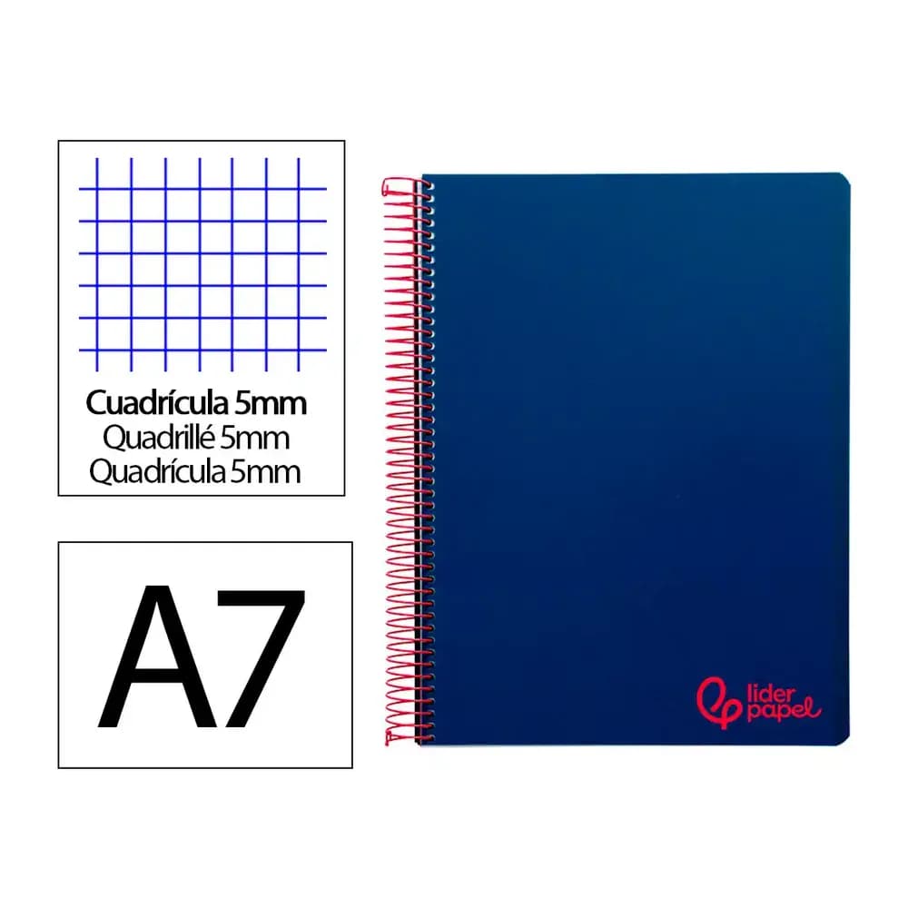Liderpapel Cuaderno espiral liderpapel a7 micro wonder tapa plastico 100h 90gr cuadro 5mm 4 bandas color azul marino