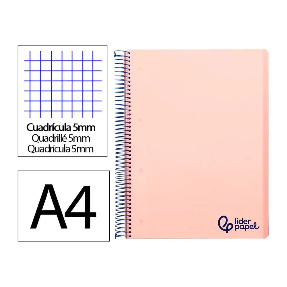 Liderpapel Cuaderno espiral liderpapel a4 micro wonder tapa plastico 120h 90gr cuadro 5mm 5 bandas 4 taladros color rosa