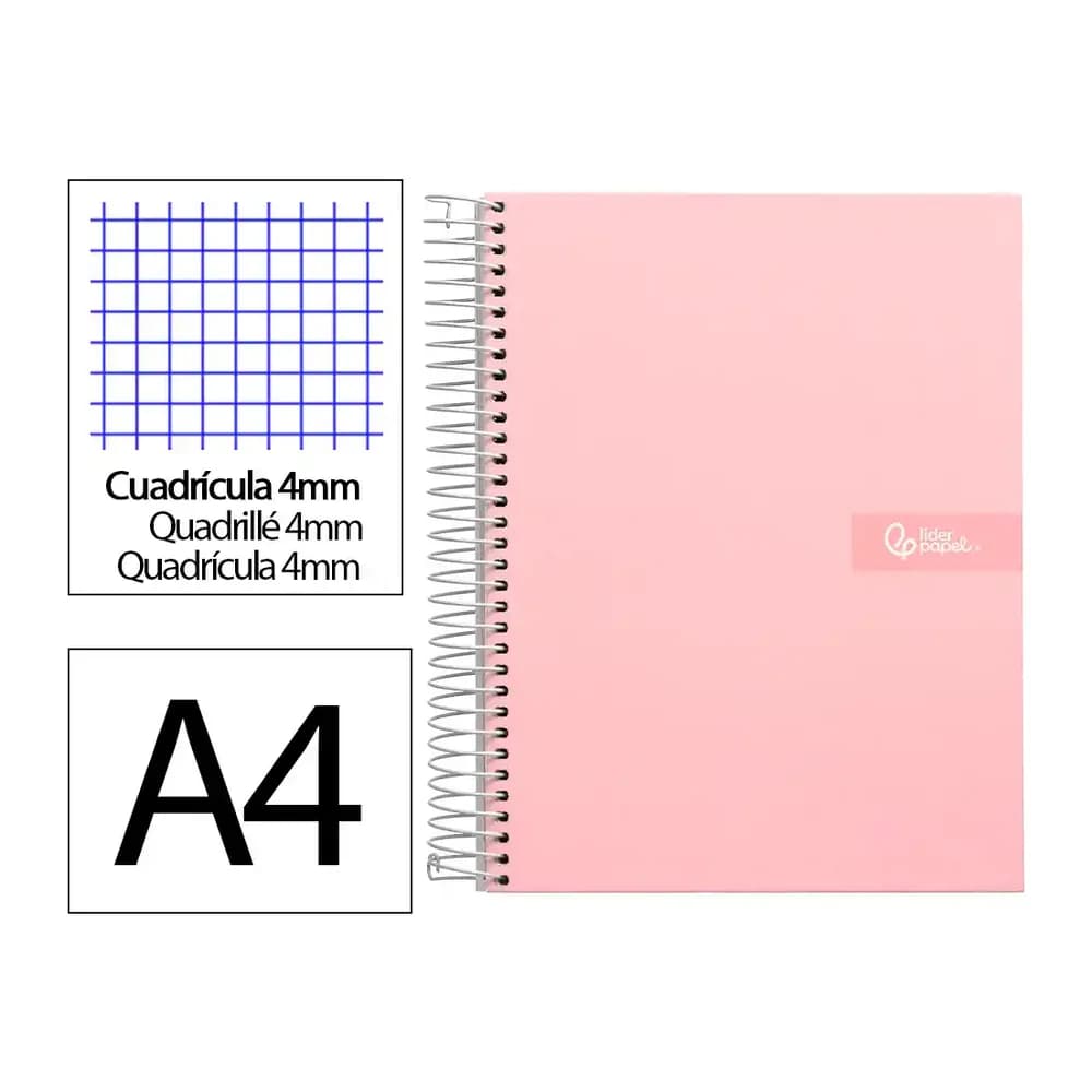 Liderpapel Cuaderno espiral liderpapel a4 crafty tapa forrada 80h 90gr cuadro 4 mm con margen color rosa