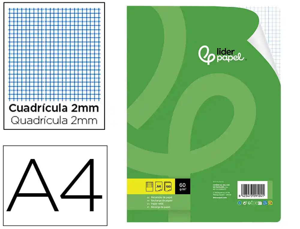 Liderpapel Recambio liderpapel a4 100 hojas 60gr milimetrado sin margen 4 taladros