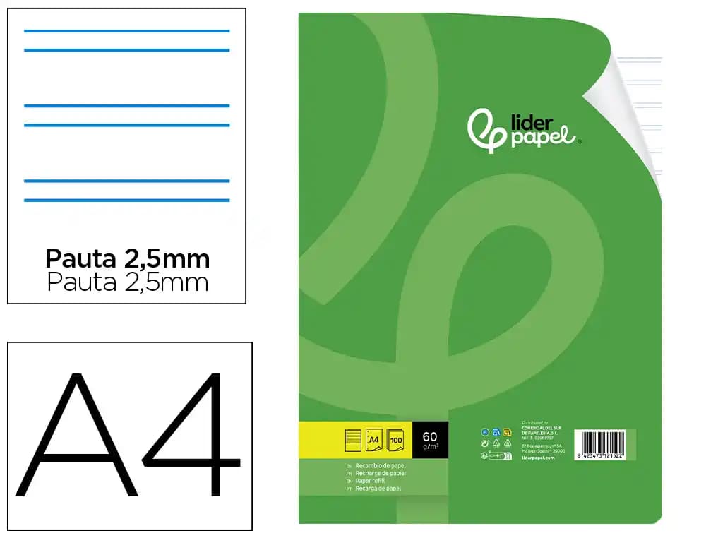 Liderpapel Recambio liderpapel a4 100 hojas 60gr pauta 5ª 2.5mm con margen 4 taladros
