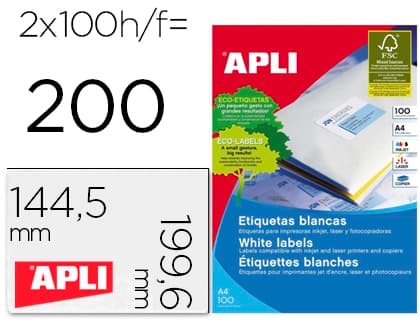 Apli Etiqueta adhesiva apli 2423 tamaño 199,6x144,5 mm fotocopiadora laser ink-jet caja con 100 hojas din a4