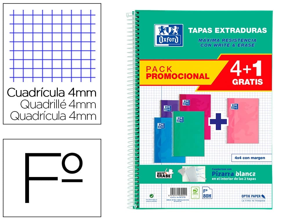 Oxford Cuaderno espiral oxford tapa extradura folio 80 hojas cuadro 4 mm con pizarra blancapack 4+1 colores tendencia