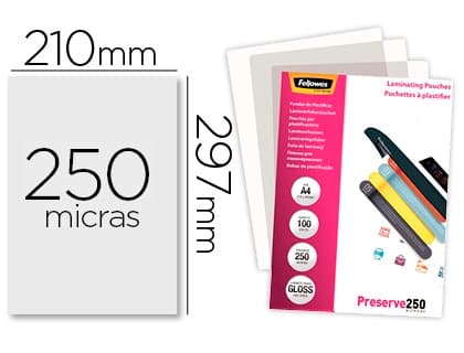 Fellowes Bolsa de plastificar fellowes brillo din a4 250 mc pack de 100 unidades