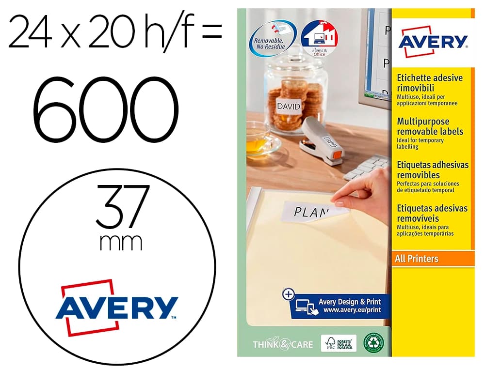 Avery Etiqueta adhesiva avery blanca redonda removible para laser ink-jet fotocopiadora 37 mm caja de 600 unidades