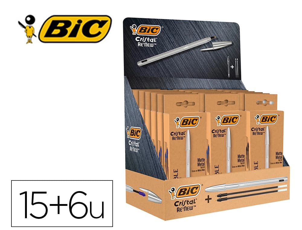 Bic Boligrafo bic cristal renew 21 expositor 15 unidades azul + 6 negro regalo 50 bic cristal azul