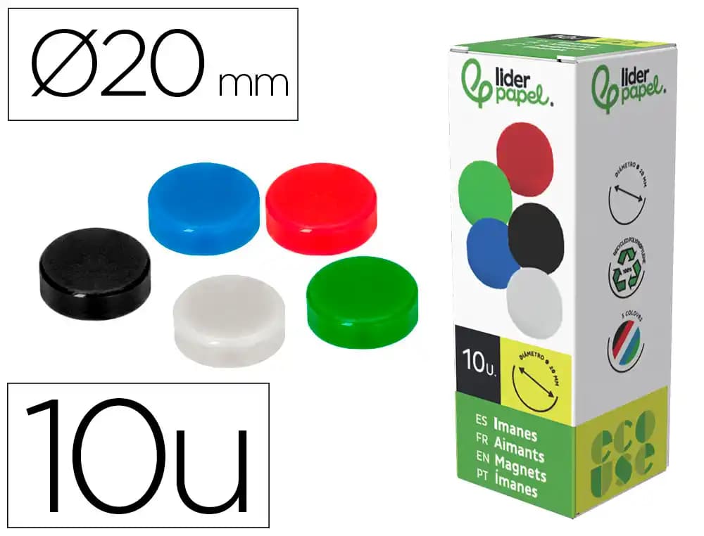 Liderpapel Iman para sujecion liderpapel ecouse pp recicladopara pizarra magnetica 20 mm caja de 10 unidades