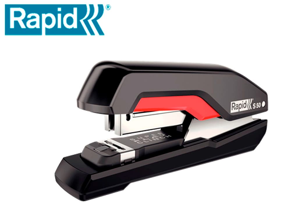 Rapid Grapadora rapid supreme s50 plastico capacidad de grapado 50 hojas usa grapas 24/6-8+ y 26/6-8+ color negro/rojo