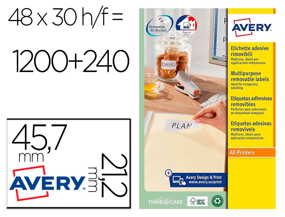 Avery Etiqueta adhesiva avery blanca removible para laser ink-jet fotocopiadora 45,7x 21,2 mm caja de 1200 unidades