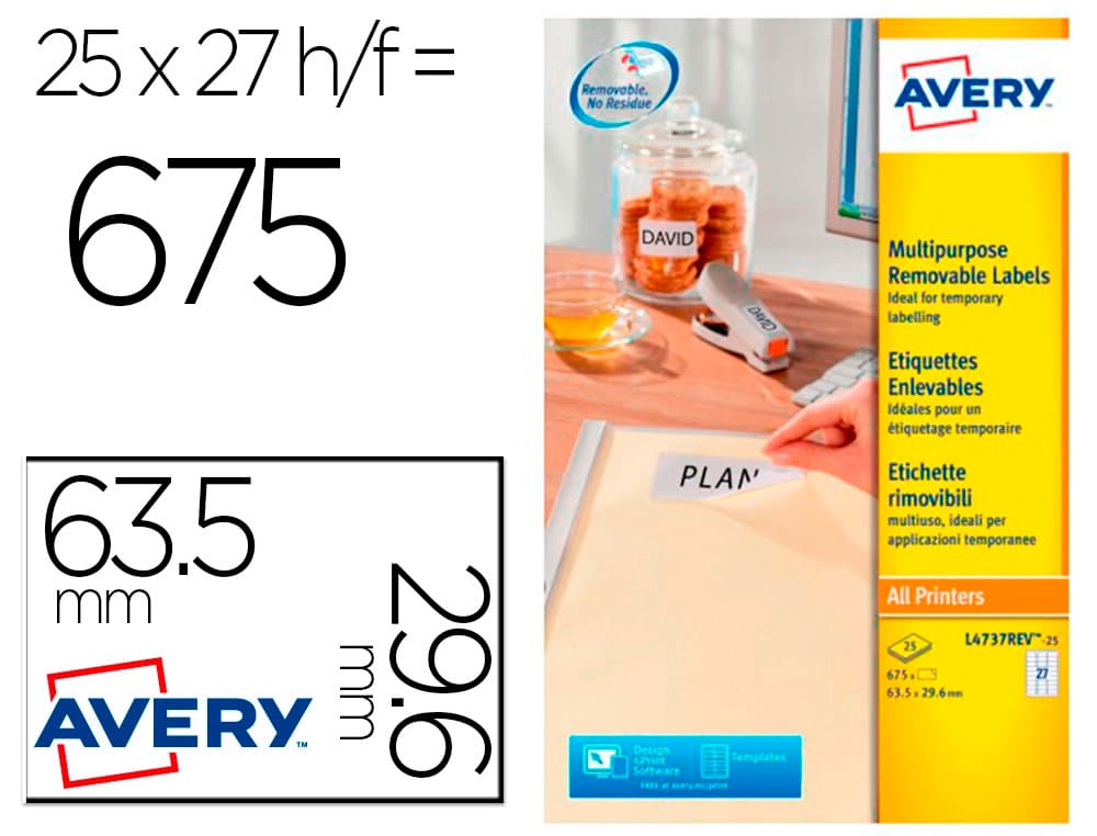 Avery Etiqueta adhesiva avery blanca removible laser ink-jet fotocopiadora 63,5x29,6 mm caja de 675 unidades