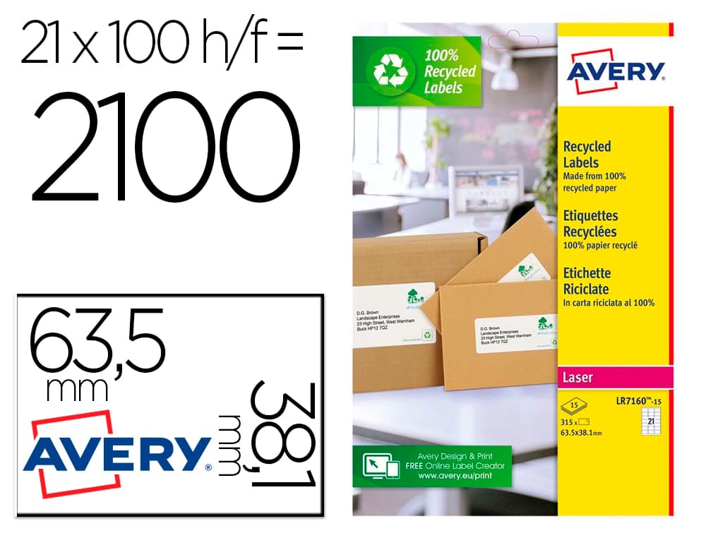 Avery Etiqueta adhesiva avery blanca permanente reciclada 100% laser 63,5x38,1 mm caja de 315 unidades