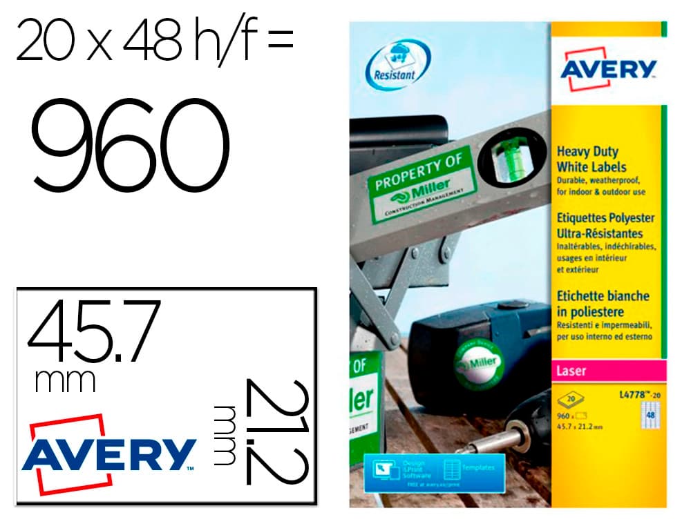 Avery Etiqueta adhesiva resistente avery poliester blanco laser 45,7x21,2 mm caja de 960 unidades