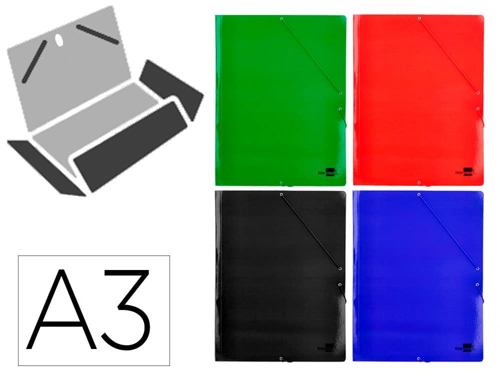 Liderpapel Carpeta liderpapel gomas tres solapas carton plastificado 800 gr din a3 colores surtidos