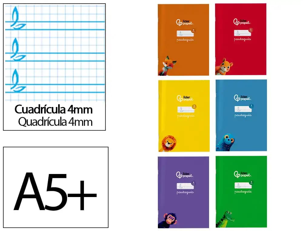Liderpapel Libreta liderpapel pautaguia tapa cartoncillo 32h a5+ 75gr cuadriculado pautado 4mm con margen 6 colores surtidos