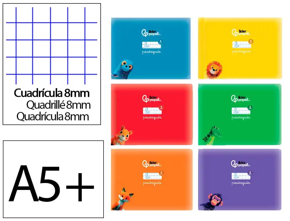 Liderpapel Libreta liderpapel pautaguia tapa cartoncillo 32h din a5+ 75gr cuadriculado pautado 8mm apaisada con margen 6 colores