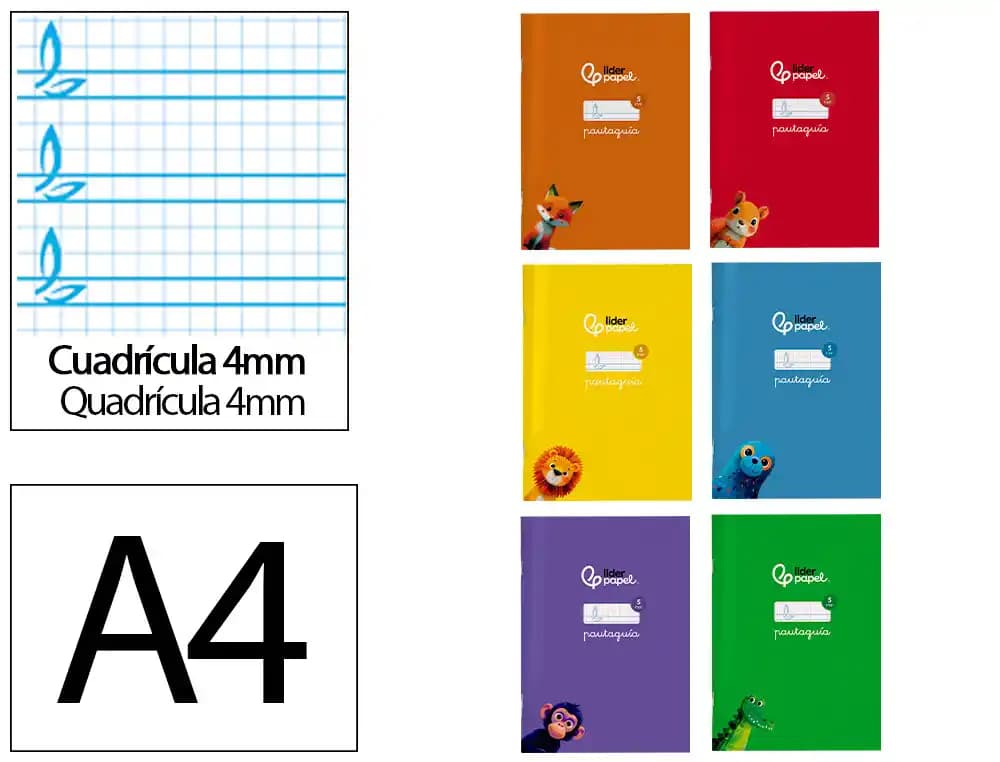 Liderpapel Libreta liderpapel pautaguia tapa cartoncillo 32h a4 75gr cuadriculado pautado 4mm con margen 6 colores surtidos