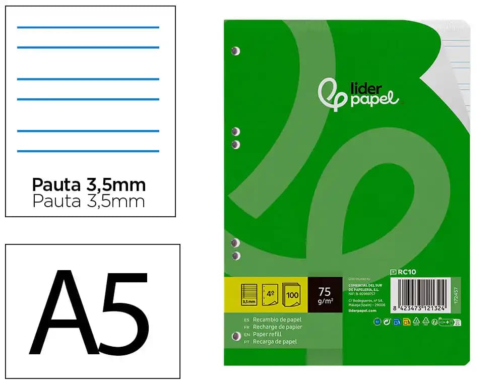 Liderpapel Recambio liderpapel din a5 100 hojas 75 gr pauta 4 3.5mm con margen 6 taladros