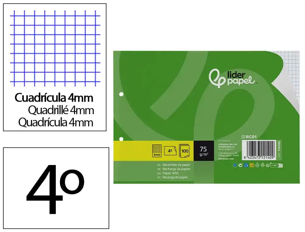 Liderpapel Recambio liderpapel din a5 apaisado 100 hojas 75 gr cuadro 4 mm 2 taladros con margen