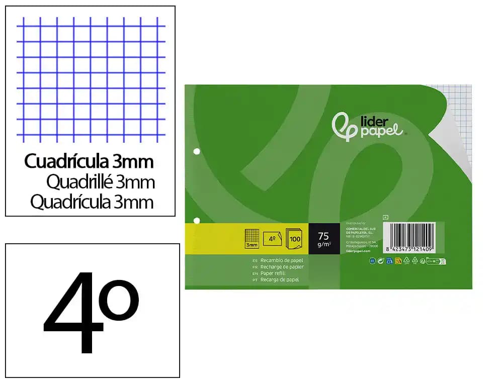 Liderpapel Recambio liderpapel din a5 apaisado 100 hojas 75 gr cuadro 3 mm 2 taladros con margen