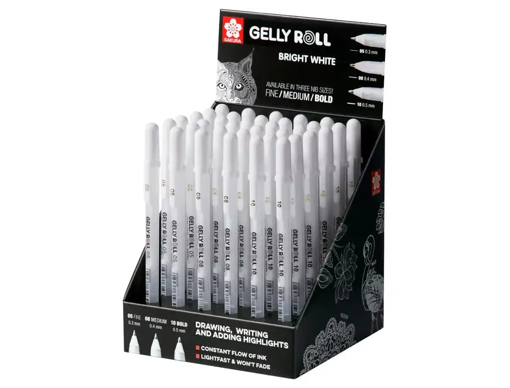 Sakura Rotulador sakura gel gelly roll gel color blanco expositor de 36 unidades surtidas 05 mm 08 mm y 10 mm