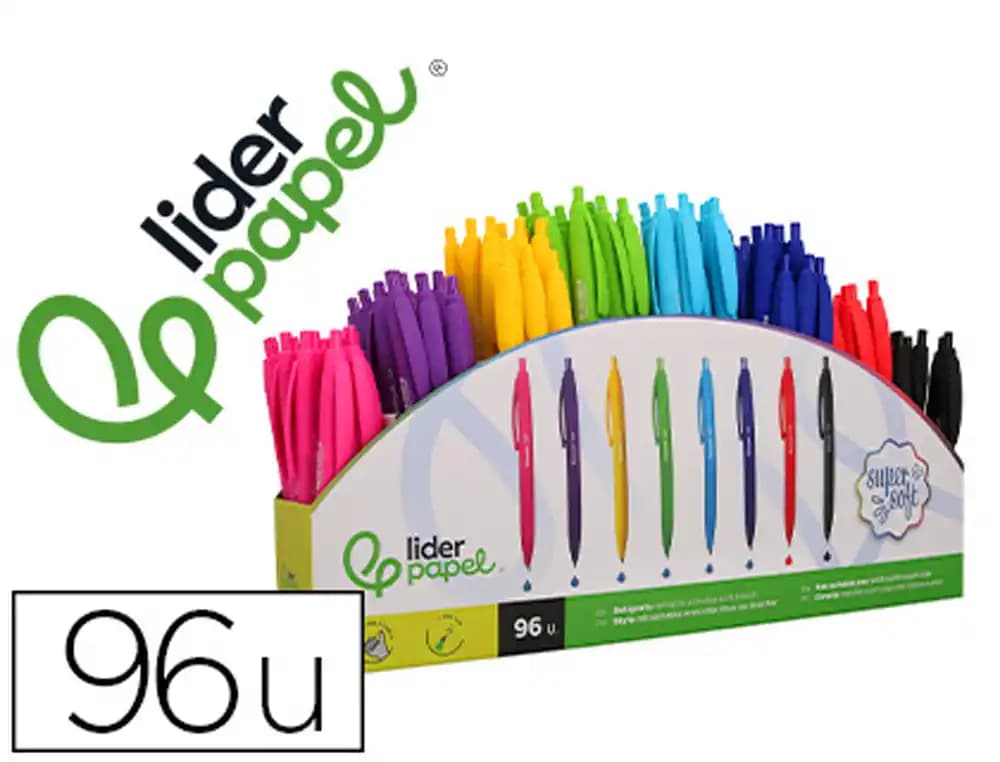 Liderpapel Boligrafo liderpapel retractil con clip acabado soft touch punta 1 mm expositor de 96 unidades colores surtidos