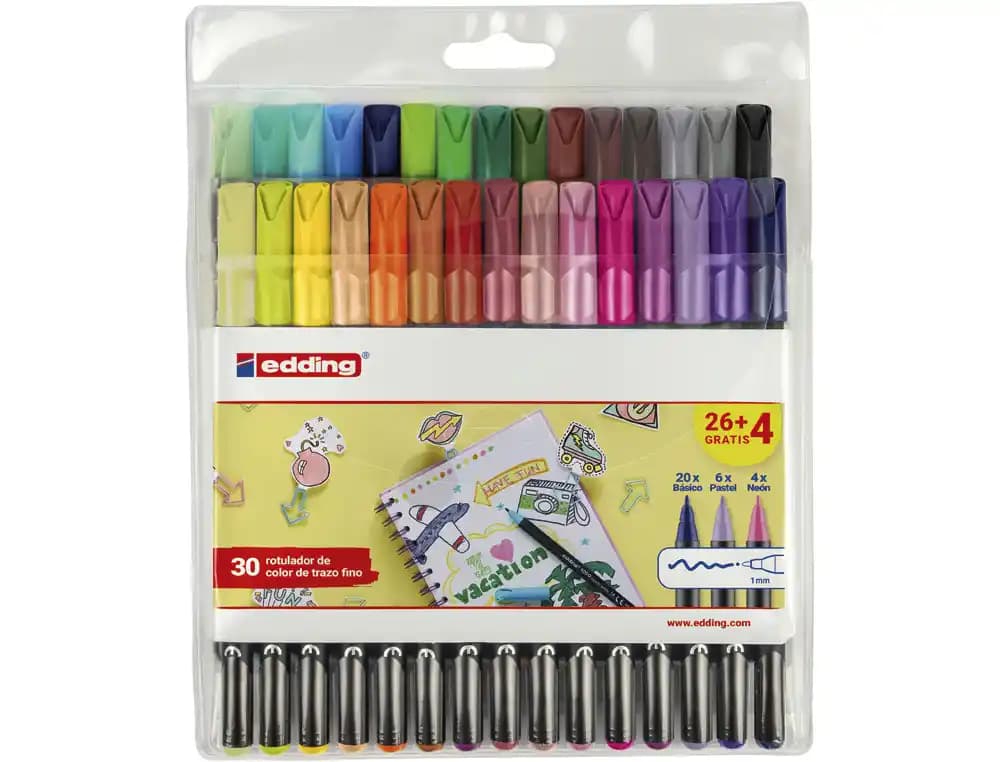 Edding Rotulador edding punta fibra 1200 pack de 26 unidades + 4 unidades gratis colores clasicos/neon/pastel