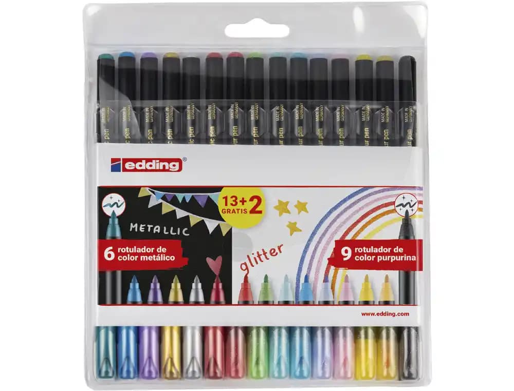 Edding Rotulador edding punta fibra 1200 pack de 13 unidades + 2 unidades gratis colores metalicos/glitter